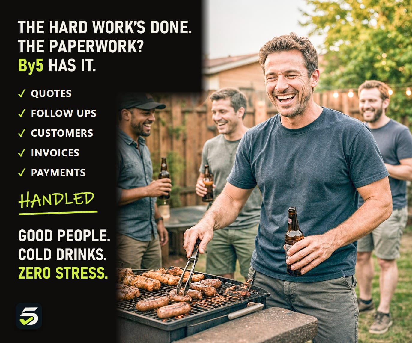 Tradespeople enjoying a barbecue with the paperwork handled