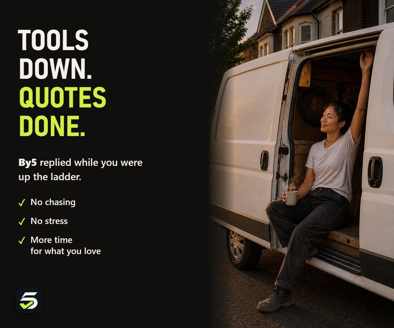 Electrician resting on the back of her van, the quotes already sent