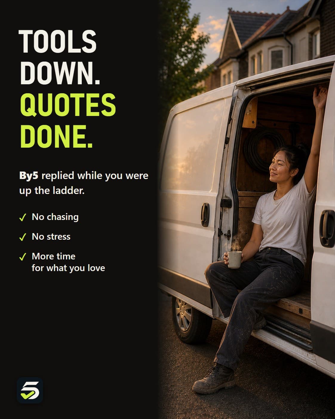 Electrician resting on the back of her van, the quotes already sent