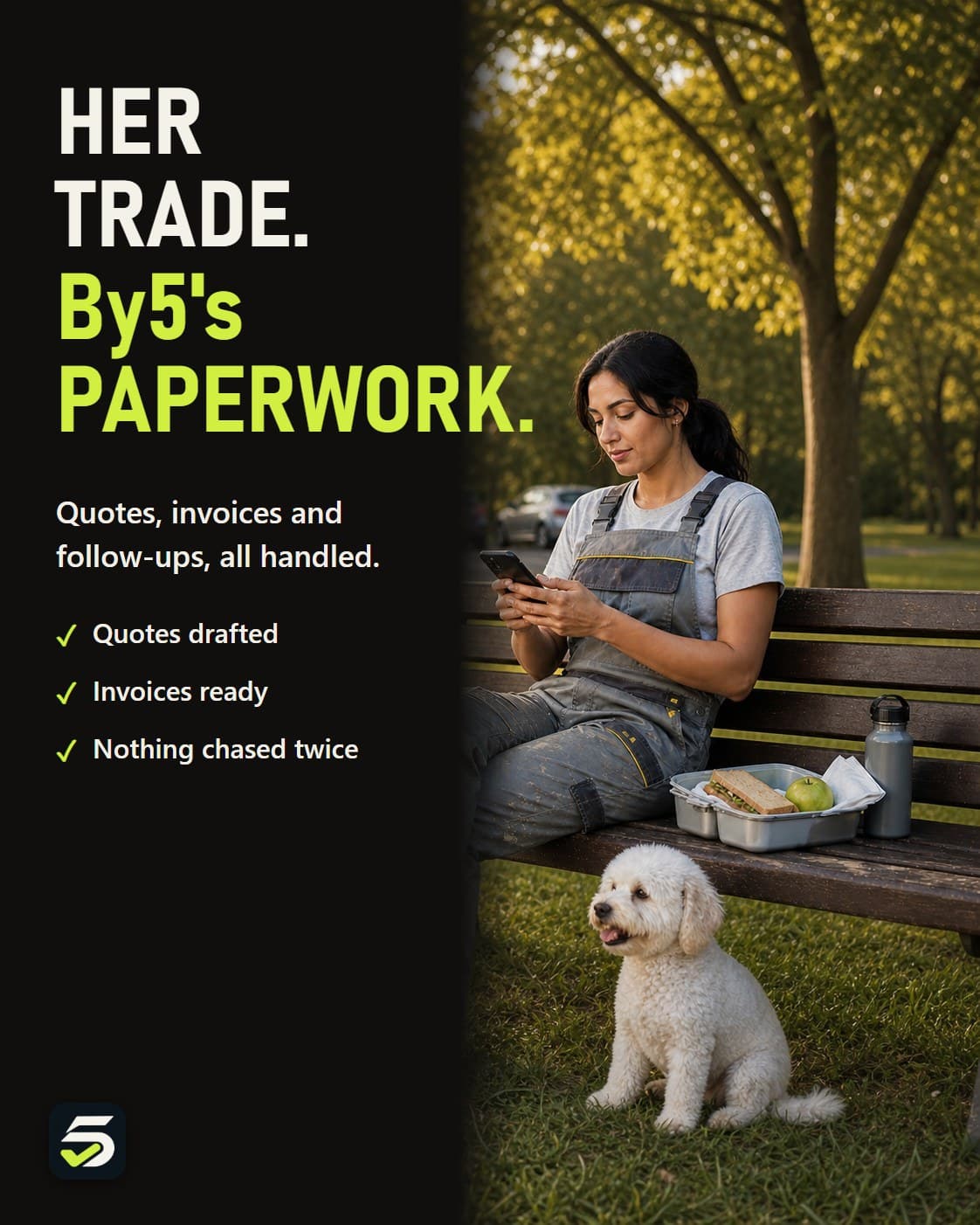 Kitchen fitter taking a break with her dog while By5 handles the paperwork