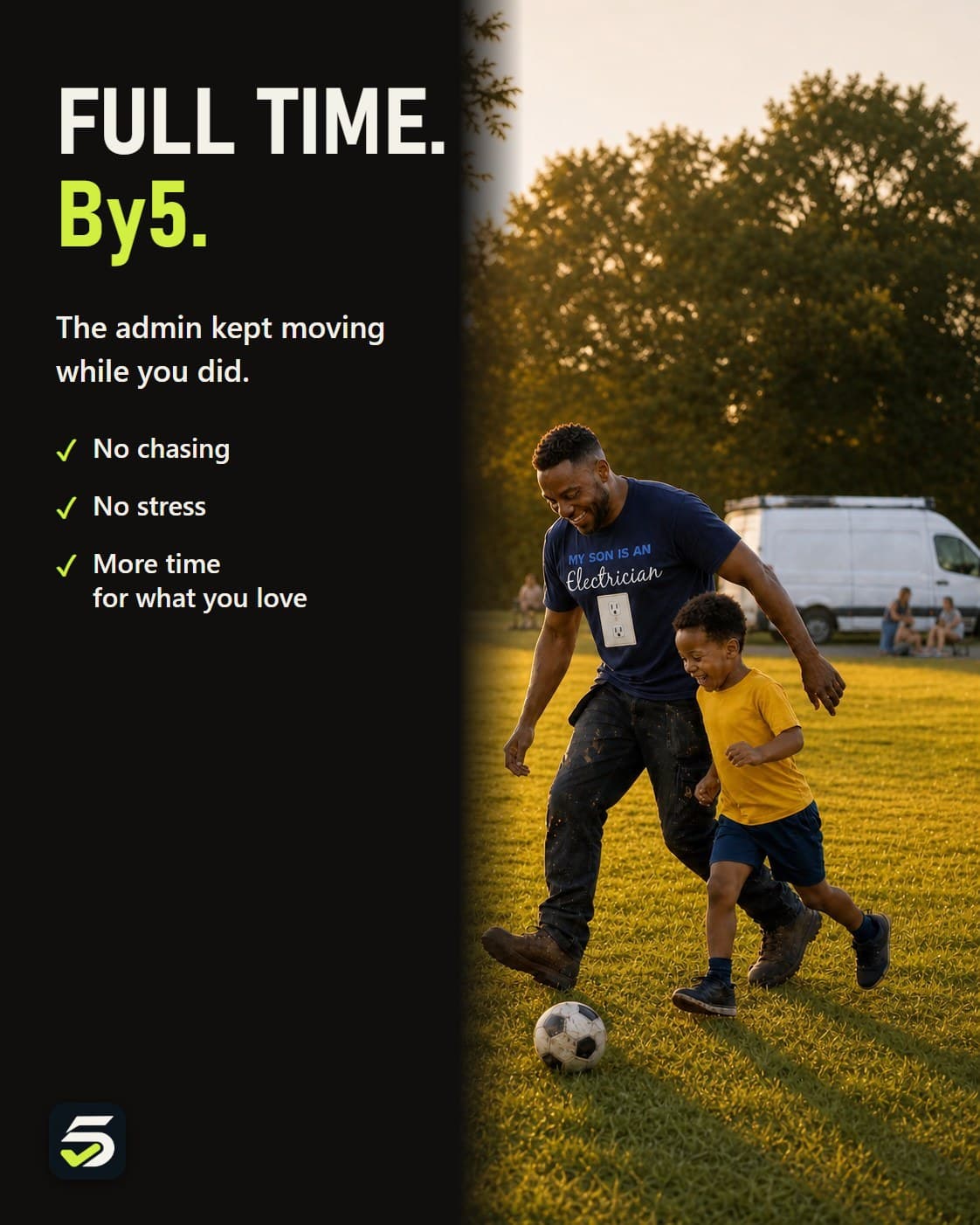 Heating engineer playing football with his son after work