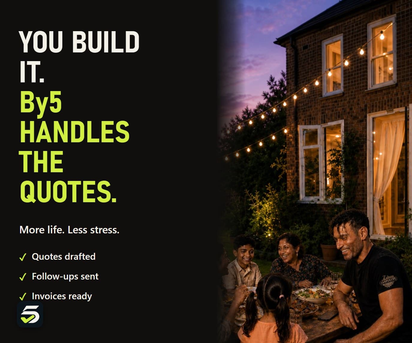 Carpenter eating with his family in the garden while By5 handles the quotes