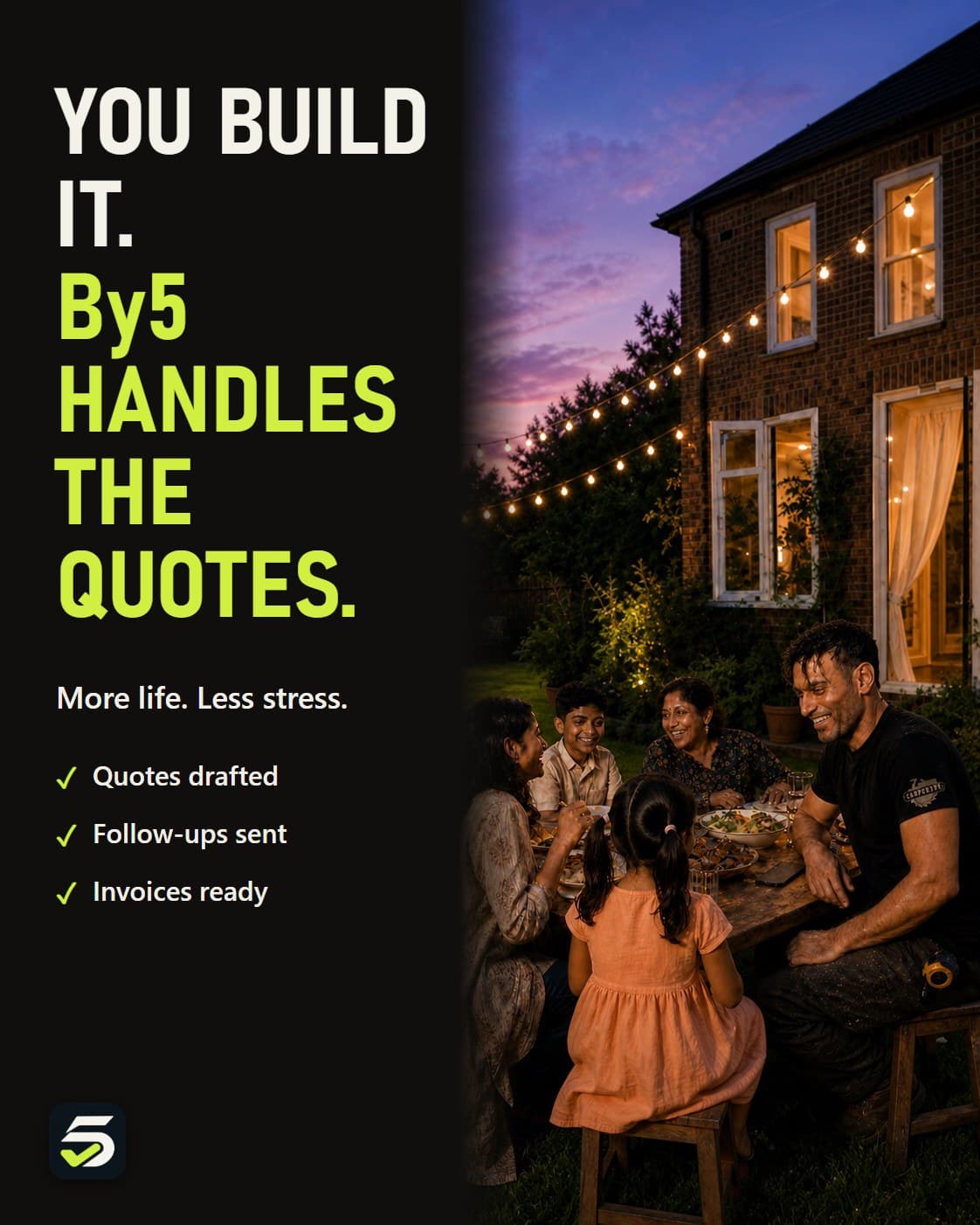 Carpenter eating with his family in the garden while By5 handles the quotes