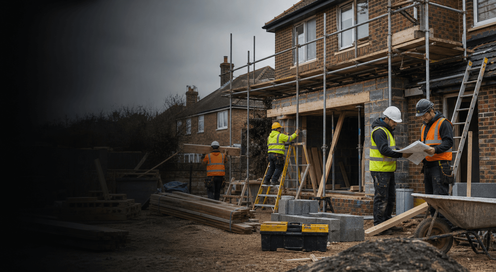 UK builders working on a scaffolded home renovation site