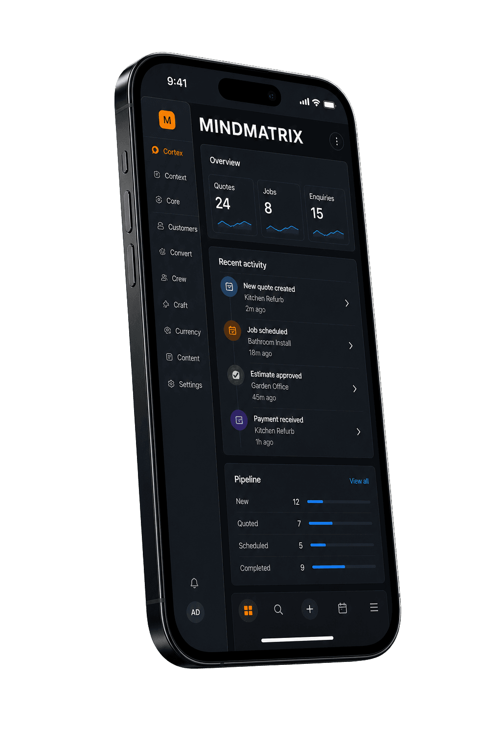 Modern iPhone showing the Mind Matrix dashboard and side menu